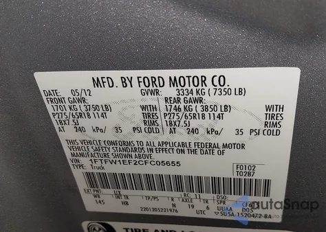 2012 Ford F-150 Lariat z USA, uszkodzony, nr VIN 1FTFW1EF2CFC05655